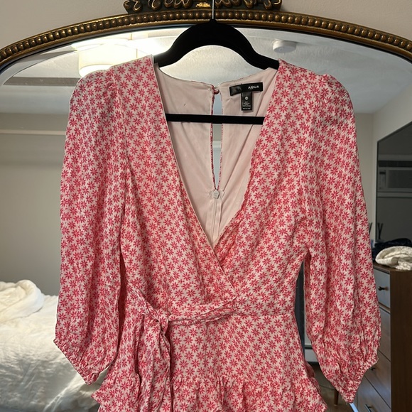 Aqua pink floral dress with ruffles and waist tie. - Picture 3 of 3